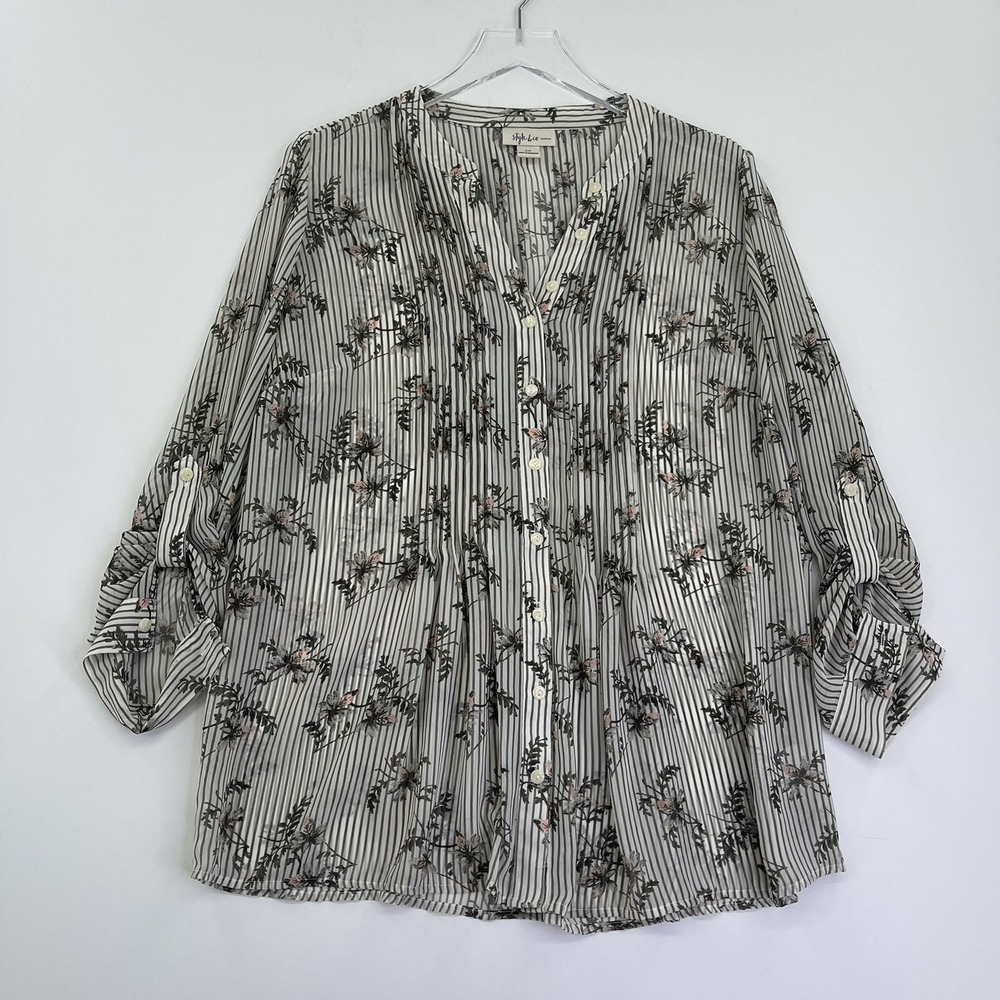 Style&co. Blouse Womens Top 1X Beige Floral Sheer Button Up 3/4 Sleeve Shirt